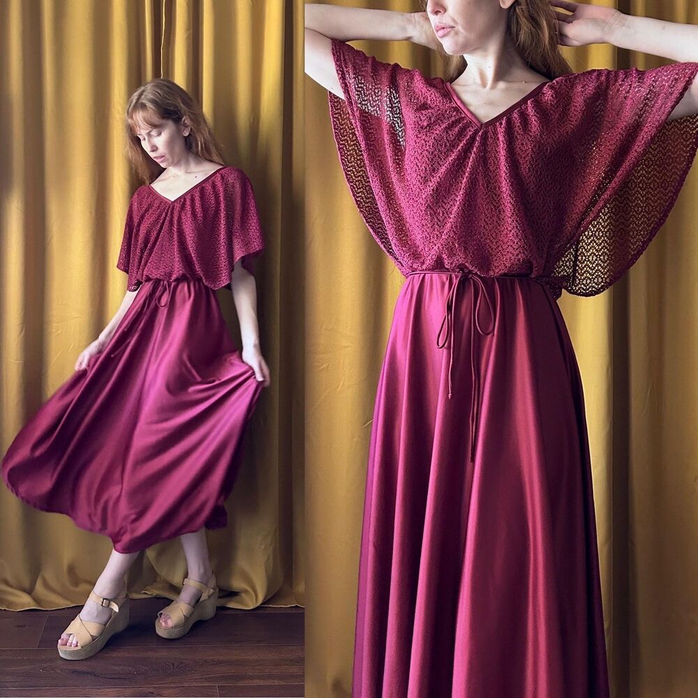 Vintage 1970s Burgundy Flutter Sleeve A-line Midi Dress, medium - Picture 1 of 7
